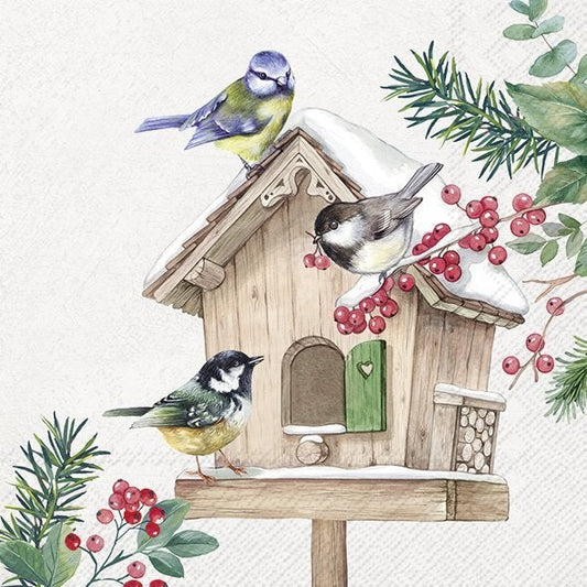 Paper lunch napkins with Illustration of a wooden birdhouse with three birds and winter foliage on a white background
