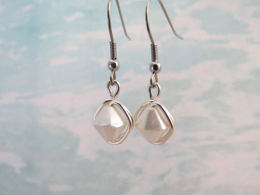 Pearl White Dangle Stainless Steel Earrings