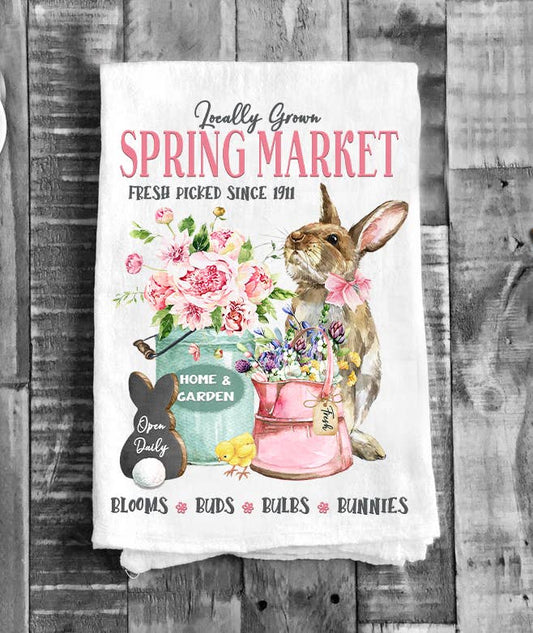 Spring Farmers Market Bunnies Flowers Flour Sack Tea Towel