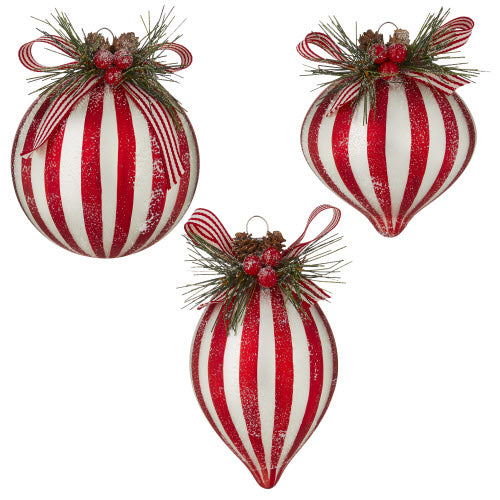 RED AND WHITE STRIPED GLASS CHRISTMAS ORNAMENT WITH BOW/PINECONE AND HOLLY