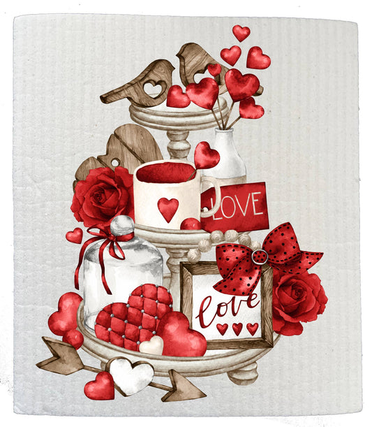 Valentine Love Red Hearts 3 Tier Tray SWEDISH DISH CLOTHS