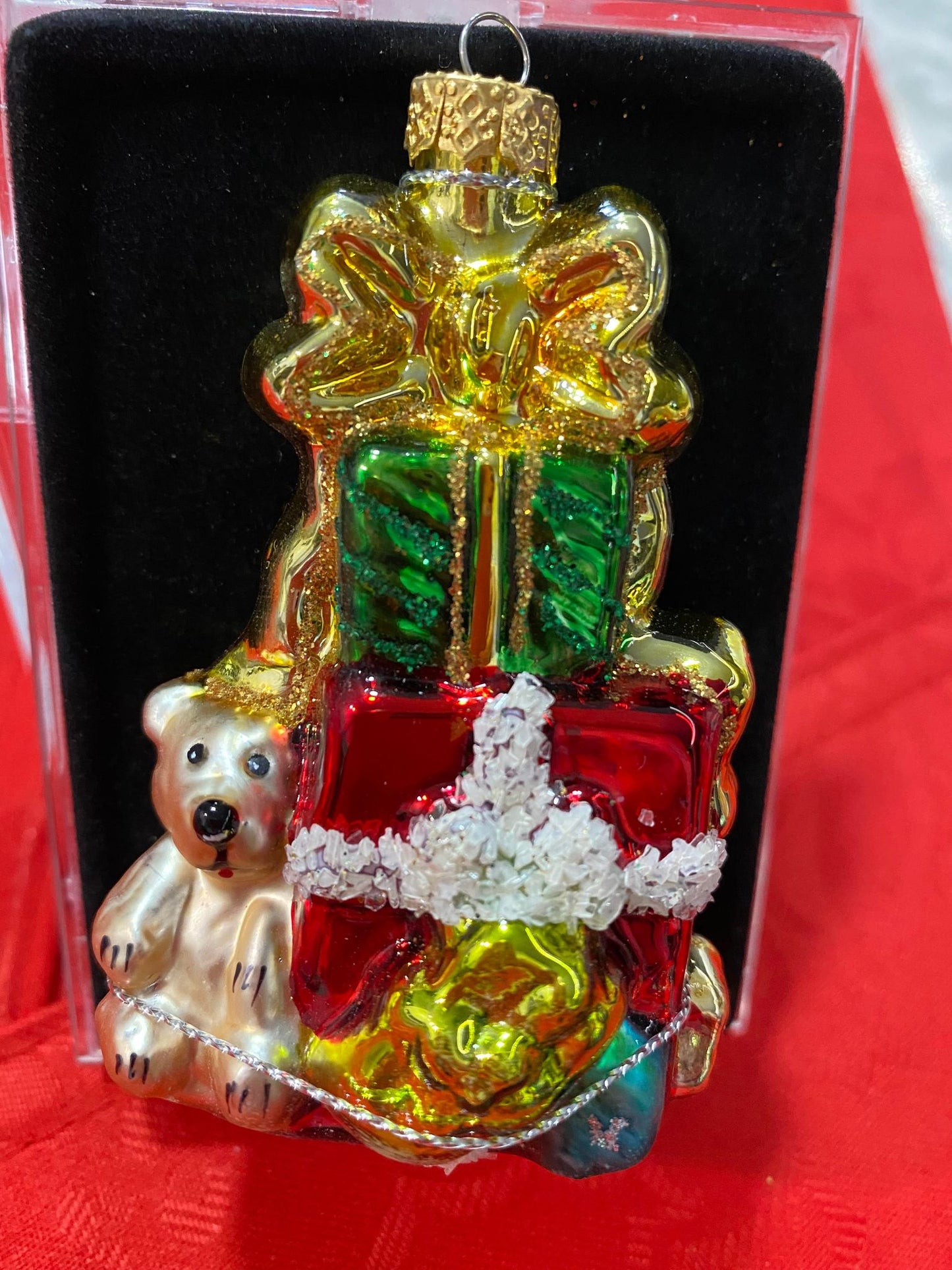 HAND PAINTED GLASS CHRISTMAS ORNAMENT/PRESENTS 8CM in ACRYLIC BOX