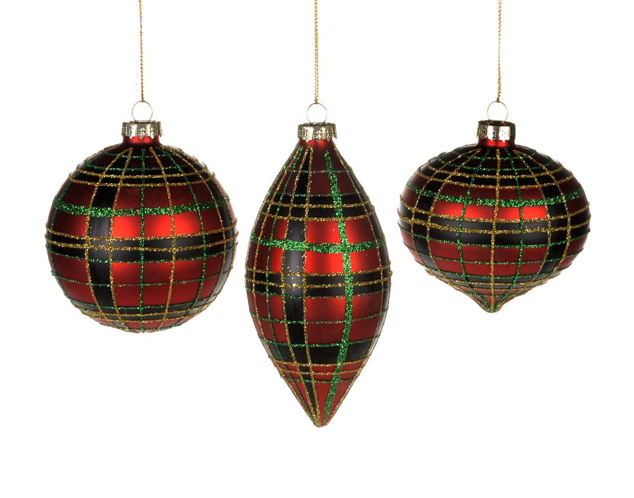 HAND PAINTED  RED PLAID CHRISTMAS ORNAMENTS 8- 13 CM "Set of 3"