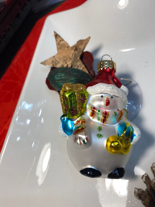 HAND PAINTED GLASS SNOWMAN ORNAMENT 8CM in ACRYLIC BOX