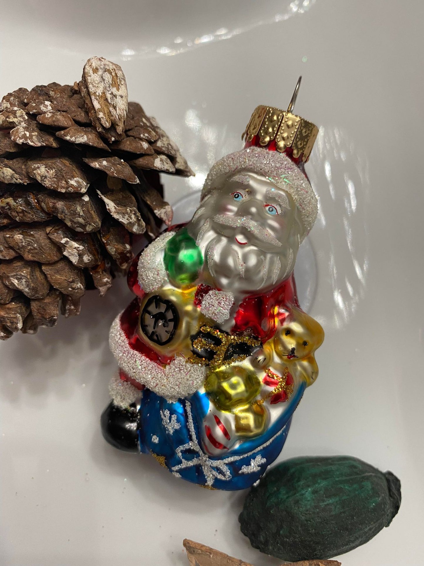 HAND CRAFTED SANTA ORNAMENT WITH GLITTER