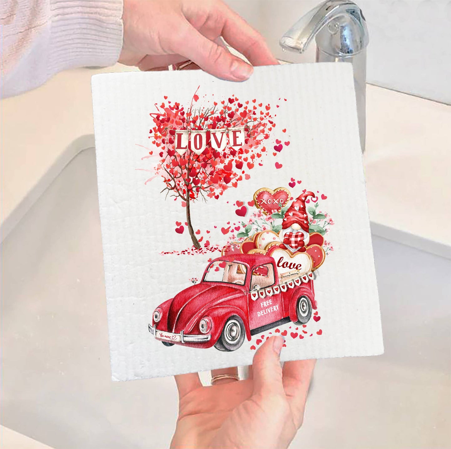 Valentine Gnome Red Truck Hearts Swedish Dish Cloth