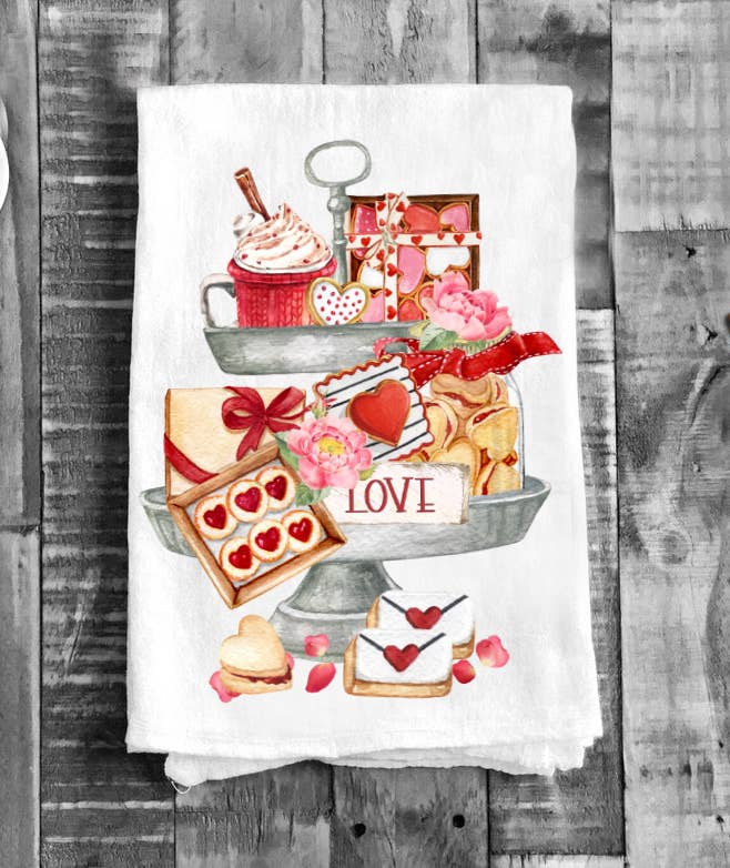 Valentine Cookies 2 Tier Tray Flour Sack Cotton Tea Towels