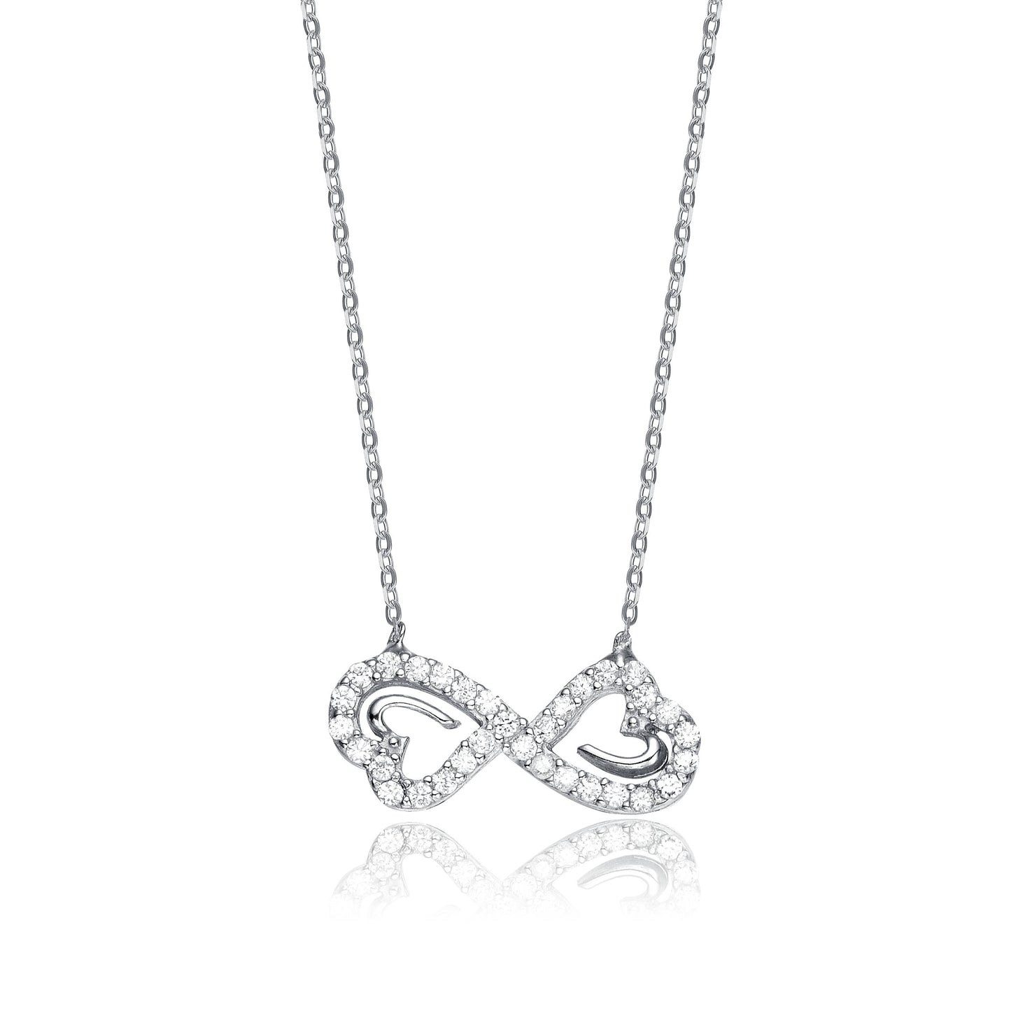 Cubic Zirconia, Sterling Silver, Double Heart Infinity Necklace
