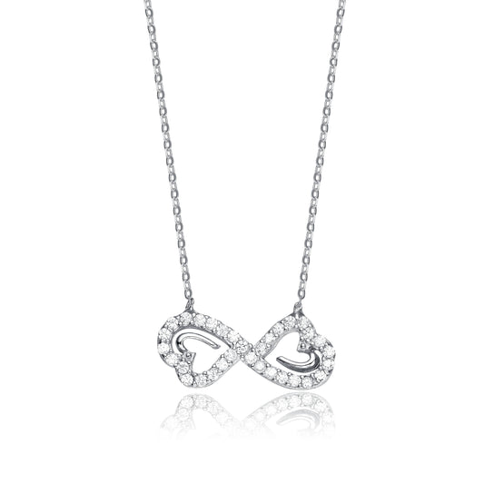 Cubic Zirconia, Sterling Silver, Double Heart Infinity Necklace