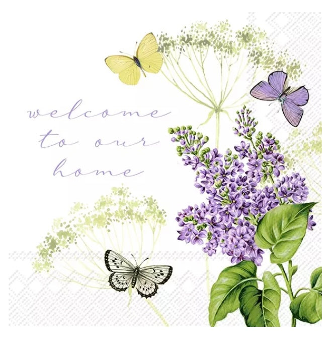 Fiona Lilac, Paper Napkins with Sentiment "Welcome To Our Home"