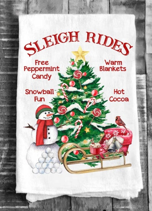 Christmas Sleigh Rides Snowman Flour Sack Tea Towel