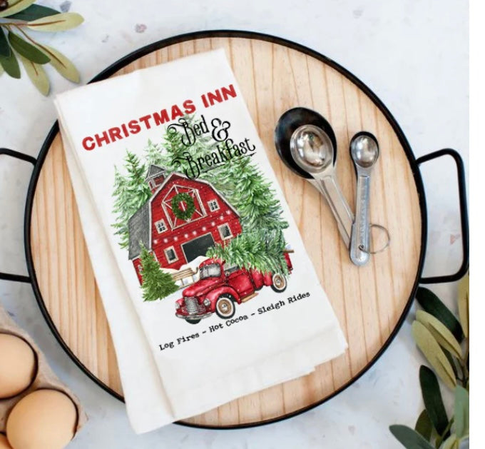 Christmas Inn Red Barn with Pick Up Truck, Tea Towel