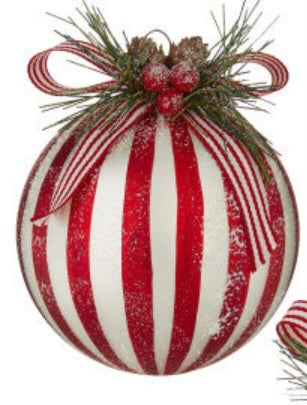 RED AND WHITE STRIPED GLASS CHRISTMAS ORNAMENT WITH BOW/PINECONE AND HOLLY