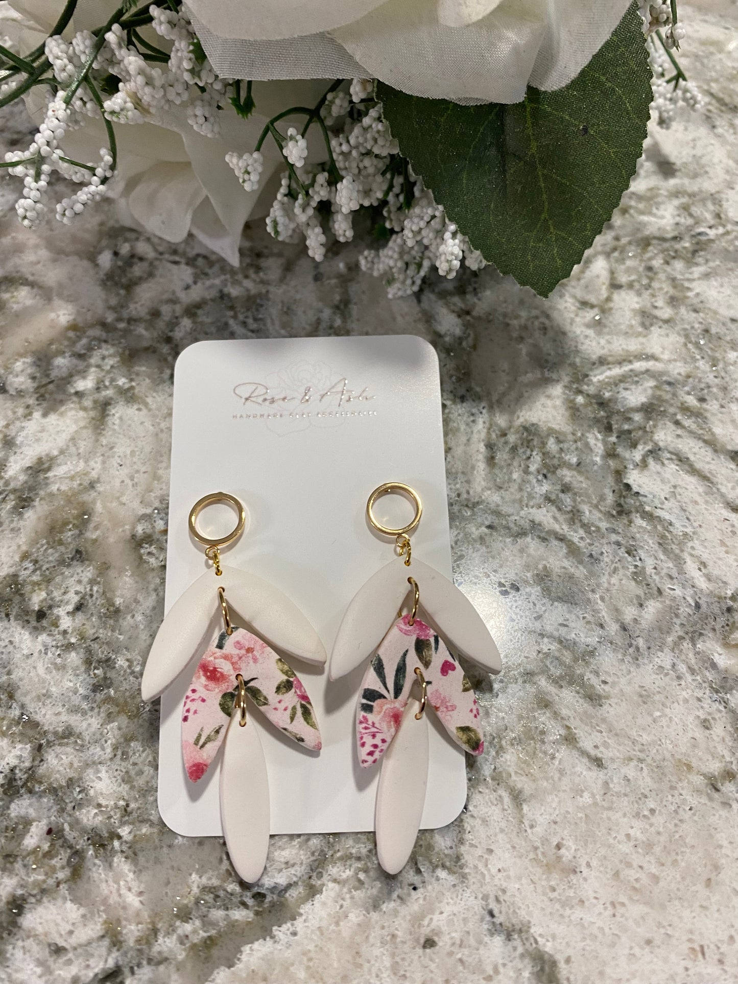 Floral/White Dangles by Rose & Ash