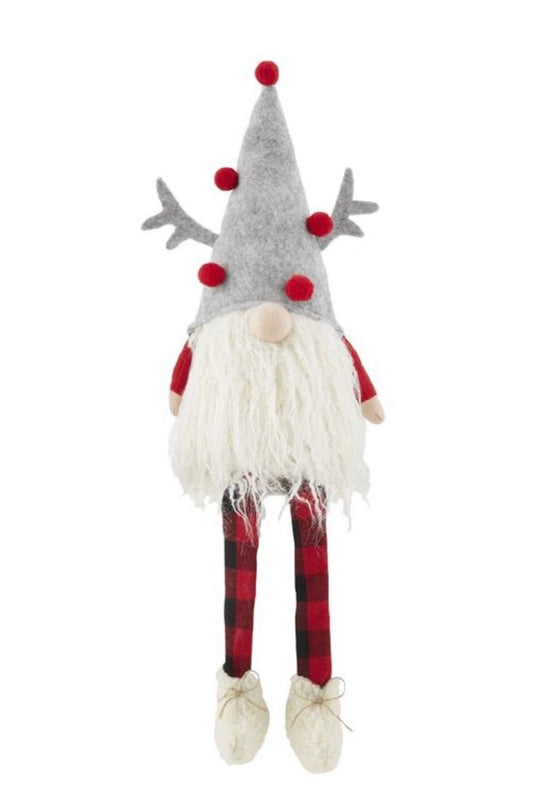 23 Inch Dangle Leg Shelf Sitter Gnome Grey Deer Hat With Red Poms by Mudpie