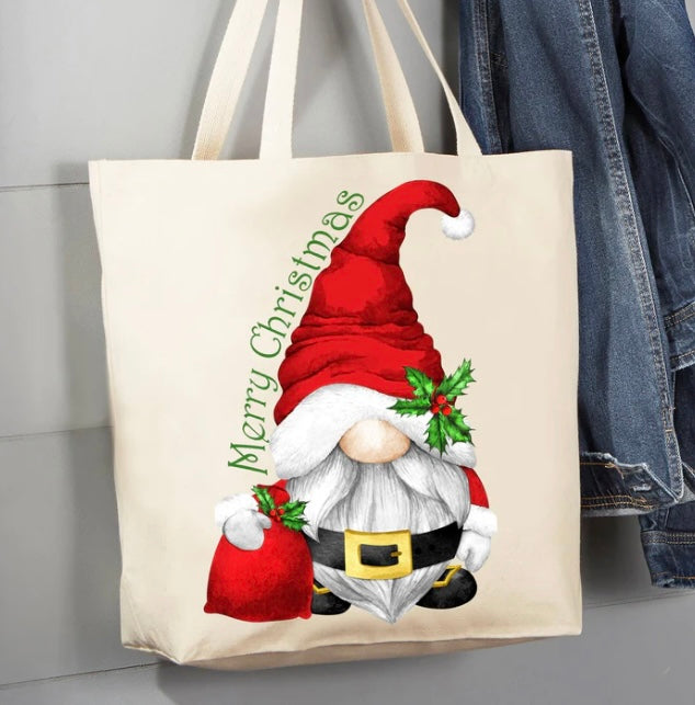 Merry Christmas Gnome Santa Claus 12 Ounce Canvas Tote Bag