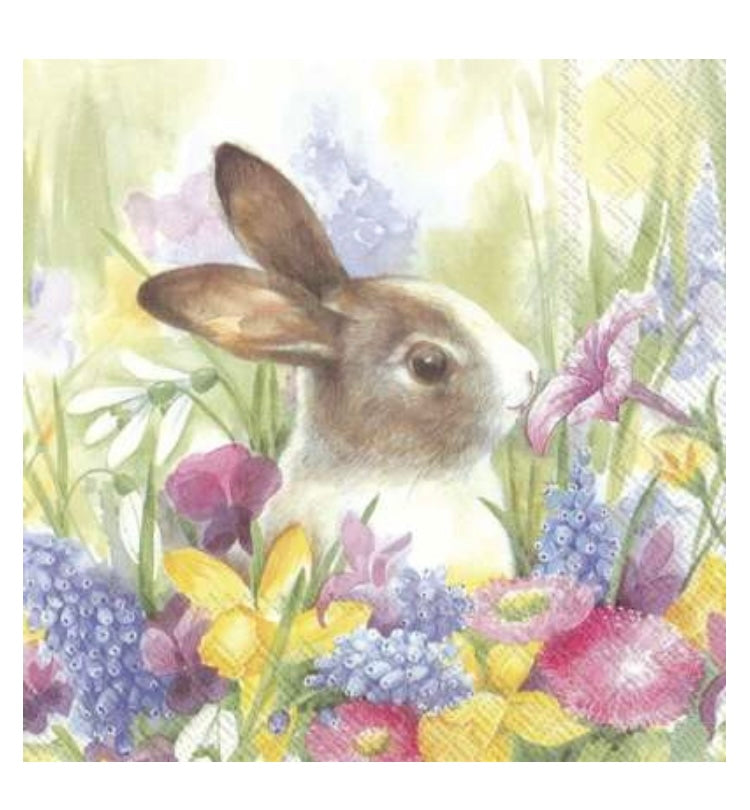 Paper Napkins, Ruby in the Meadow, by IHR Company. Bunny surrounded by flowers. Lunch Napkins 33 cm diameter