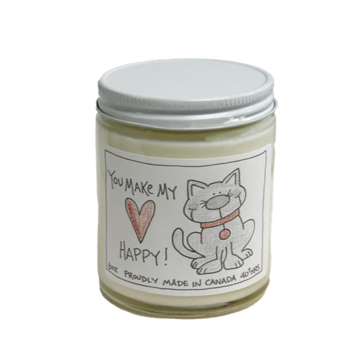 A beautiful fresh air scent with hints of Frasier fir. Candle has a picture of a cat with Sentiment, you make my heart happy

Special features of this candle:

Hand poured all-natural soy candles.
Great long burning time.
Cruelty-free, all natural, non-GMO, vegan, kosher, irritant-free and proudly Canadian made.