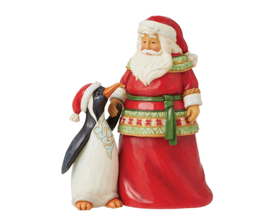 This sweet figurine by Jim Shore helps remind us of the meaning of Christmas. Hand in hand with a penguin, Santa finds peace in friendship and love this holiday season. With flowers, rosemaling, and pattern, the pair make a dashing duo.

Figurine
5.1in H
Jim Shore Heartwood Creek Figurine Santa with Penguin Pint Sized "Dear Santa, I've Been Good"
Jim Shore's unmistakable style evokes a sense of nostalgia with traditional themes quilt pattern and motifs inspired by American and European folk art
Beautifully 