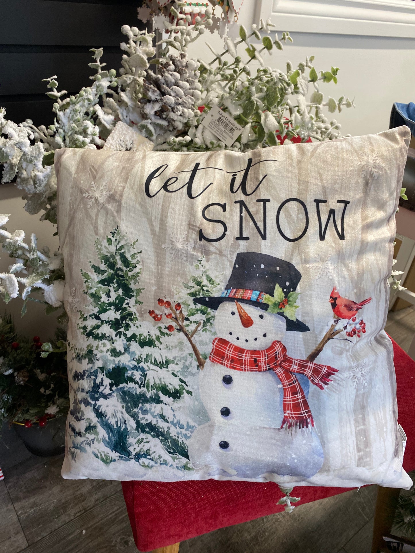 LED Cushion, Snowman Holding Cardinal with Sentiment “Let it Snow”