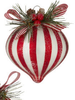 RED AND WHITE STRIPED GLASS CHRISTMAS ORNAMENT WITH BOW/PINECONE AND HOLLY