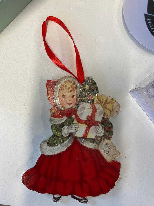 Wooden Vintage Little Girl with Gift Ornament