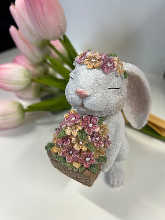 Resin Bunny with Basket of Flowers