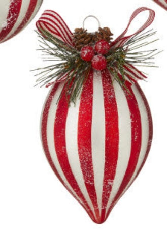 RED AND WHITE STRIPED GLASS CHRISTMAS ORNAMENT WITH BOW/PINECONE AND HOLLY