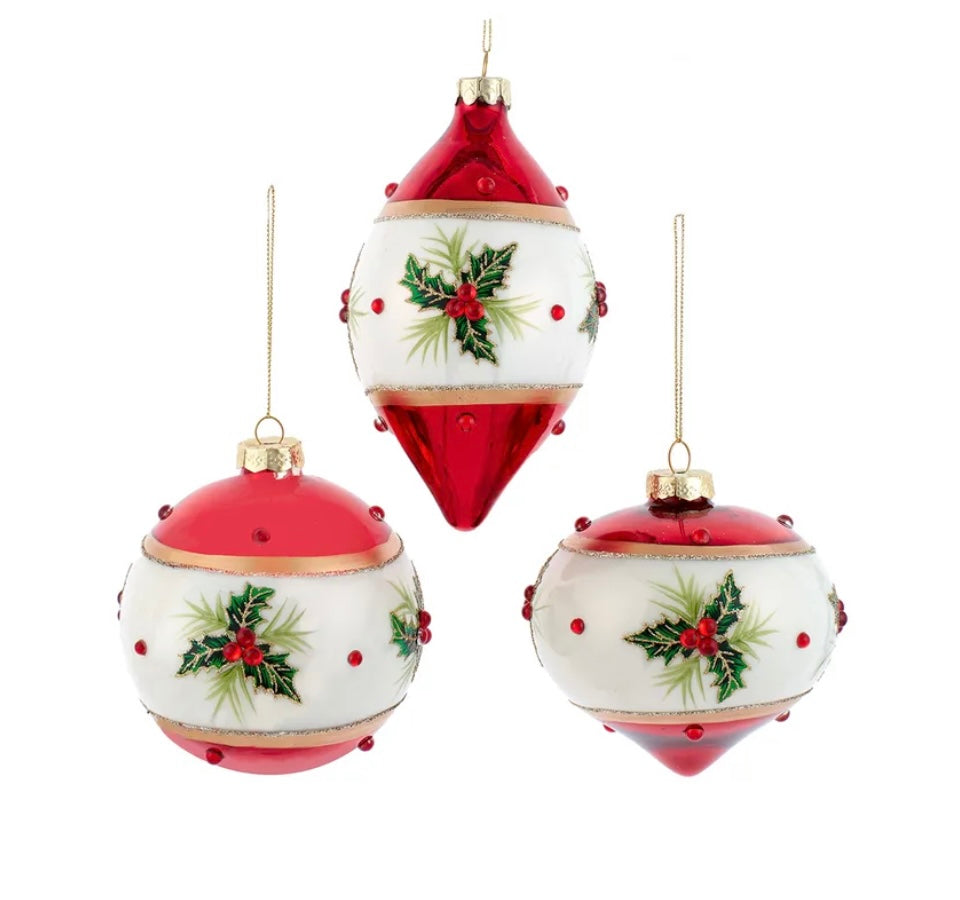 Glass Red & White With Holly, 3 Assorted Ball, Finial and Onion Shaped Ornaments