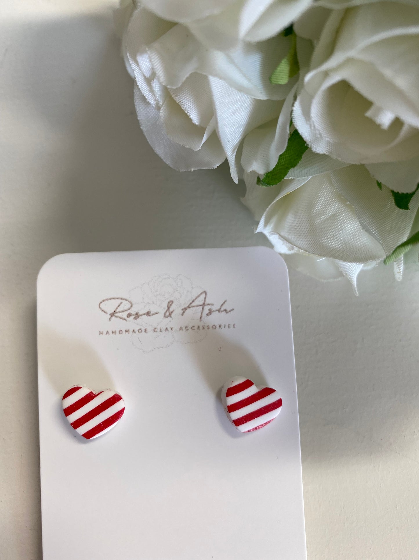 Red and White Striped Heart Studs