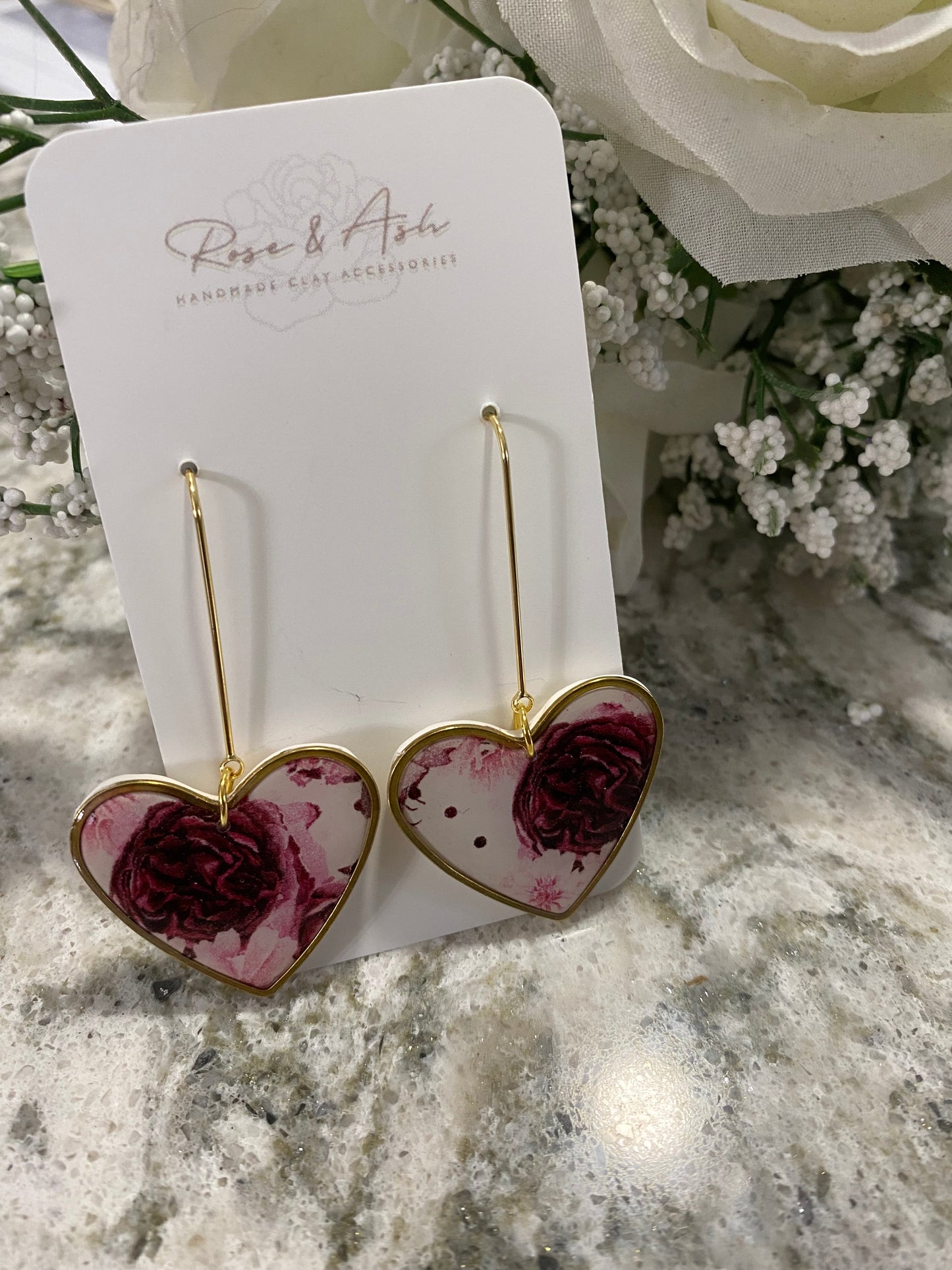 Floral Pattern Dangle Hearts, Gold Plated by Rose & Ash