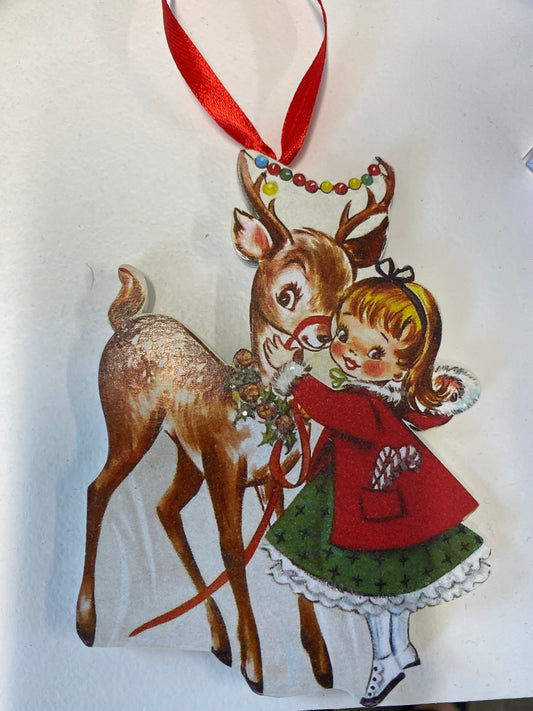 Wooden Vintage Reindeer and Girl Ornament