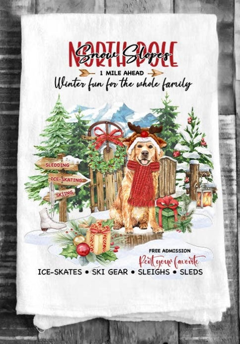 Christmas North Pole Slopes Dog Lover Flour Sack Tea Towel