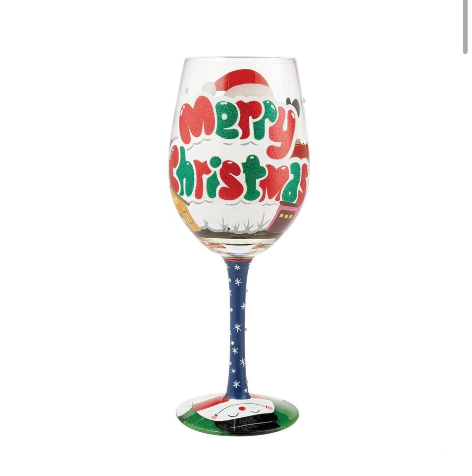 Lolita Stemware, Christmas, Handpainted, features pictures of Santa with Sentiment Merry Christmas