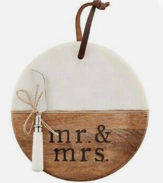 Mr. and Mrs. Wood and Marble Board and Knife, 9 inch Diameter