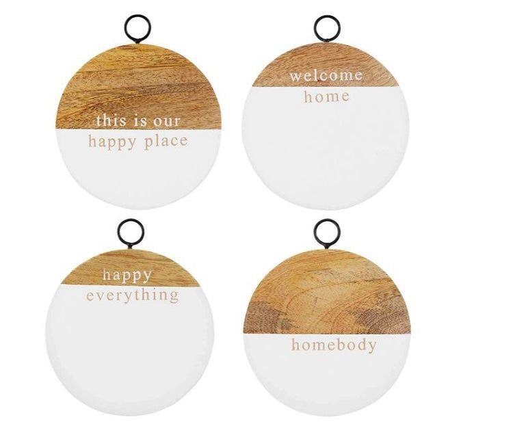 Happy Wood Coaster Set, Set of Four with Holder