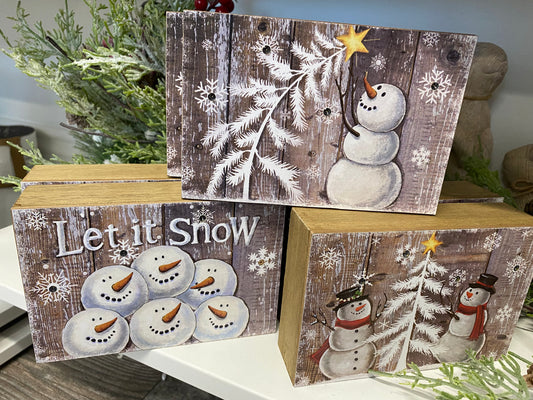 LED Wood Block, Snowman Theme, 3 Assorted