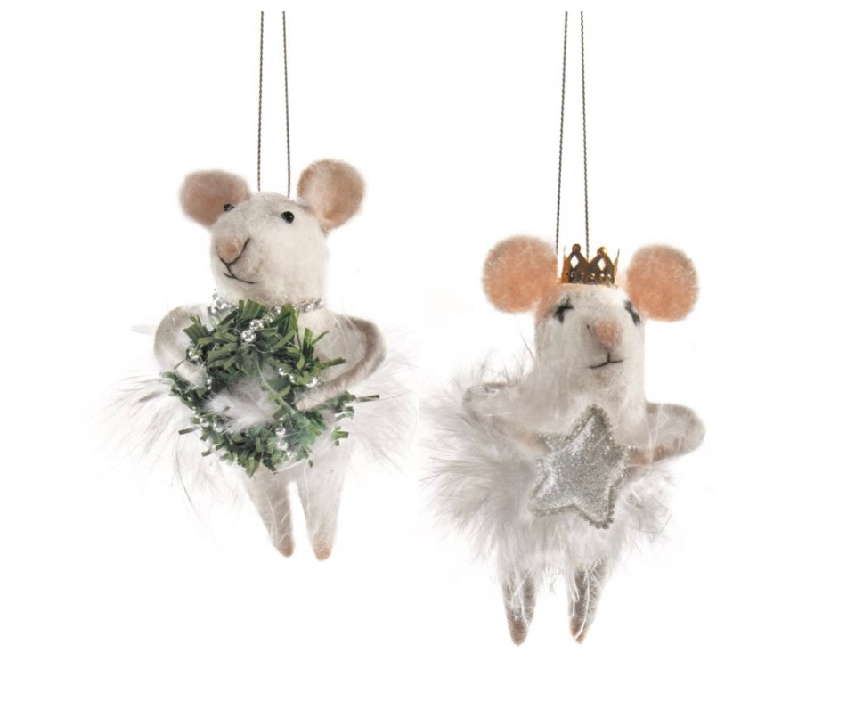 Mouse Ornament, White with Feathers, 2 Assorted