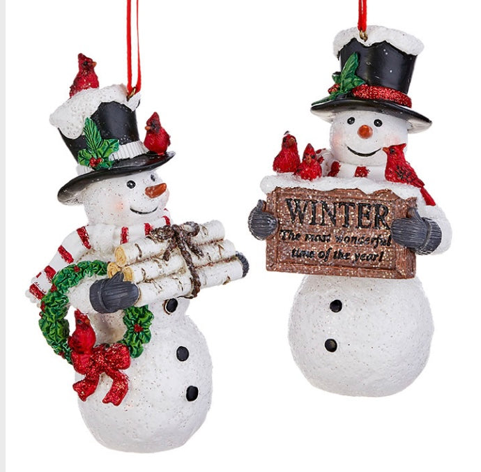 Snowman with Cardinals  Ornament, 2 Assorted