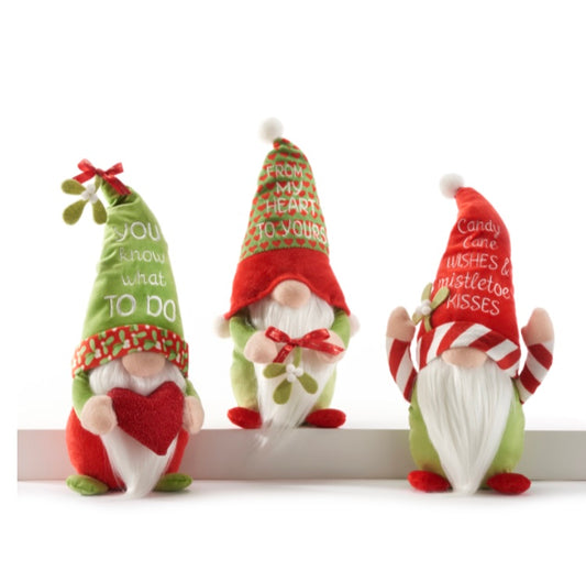 Sitting Kissmass Mistletoe Gnome with Sentiment, 3 Assorted