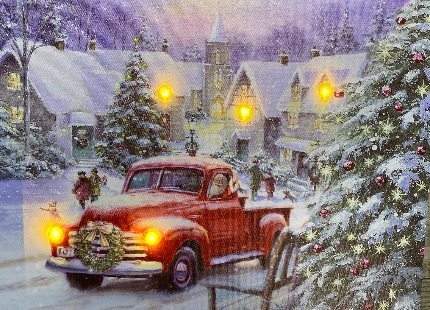 Canvas Christmas Wall Art, Santa in Red Truck, LED