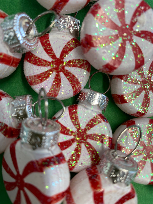 Peppermint ornaments small glass 1 inche glitter, white and red, beautiful when light shines on them