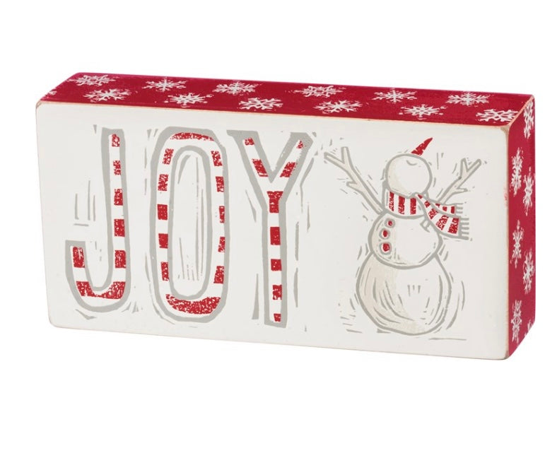 Wooden Boxed Sign, Sentiment Joy, Featuring snowman with arms outstretched, looking up. white, red and grey