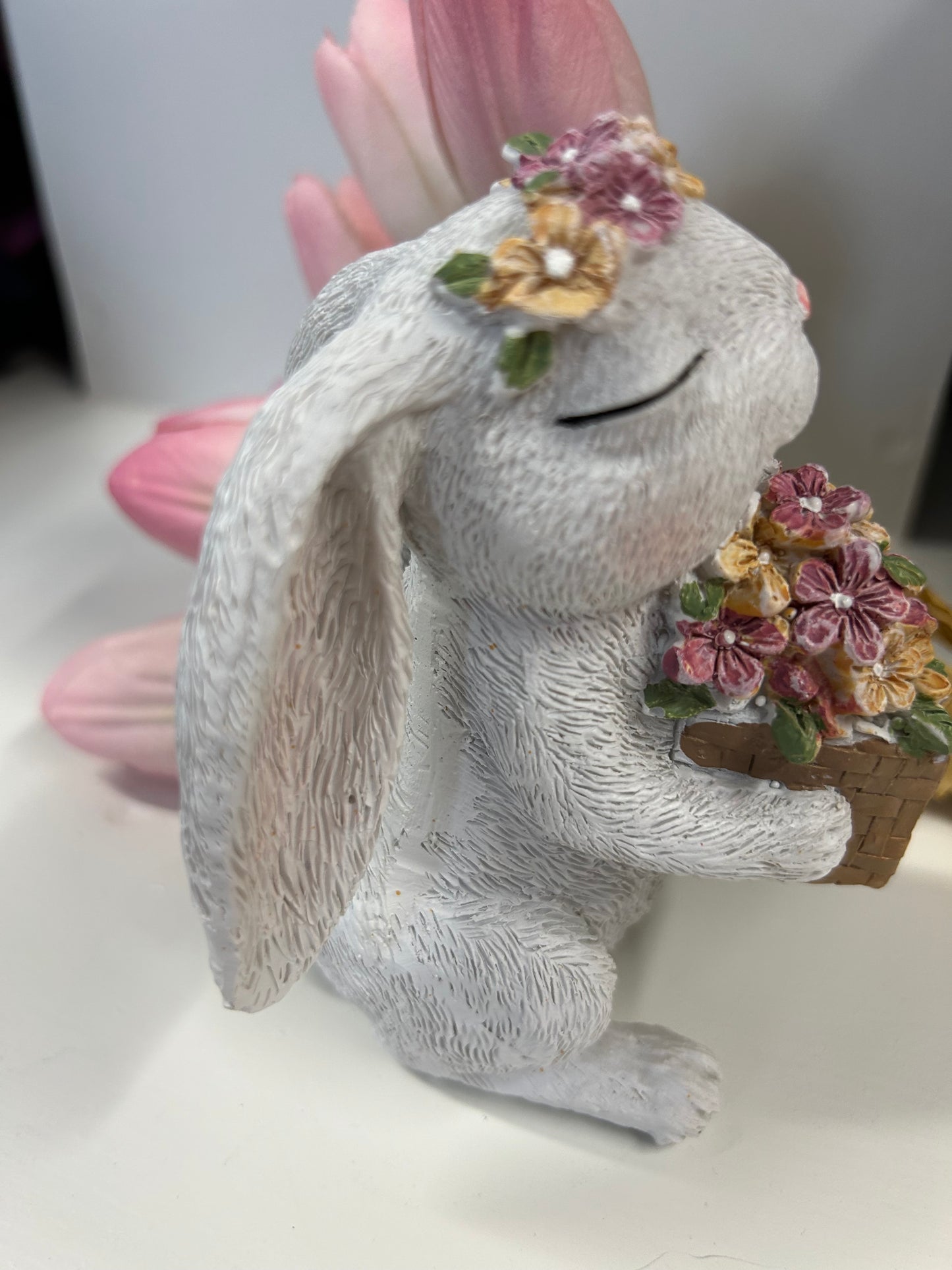 Resin Bunny with Basket of Flowers