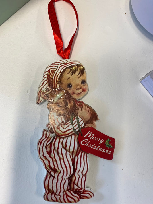 Wooden Vintage Little Boy with Puppy Ornament