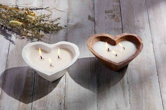 Wood Heart Candle in Tan and White /Mango Wood