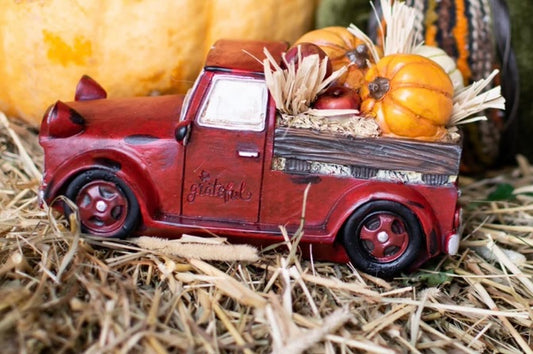 Red Truck with Pumpkins and Straw