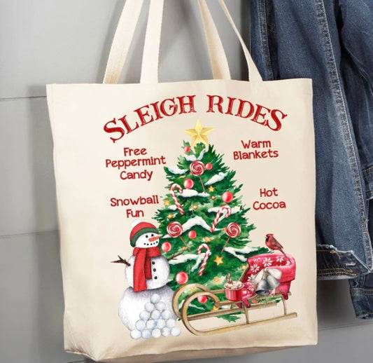Christmas Sleigh Rides Snowman 12 oz Canvas Tote Bag