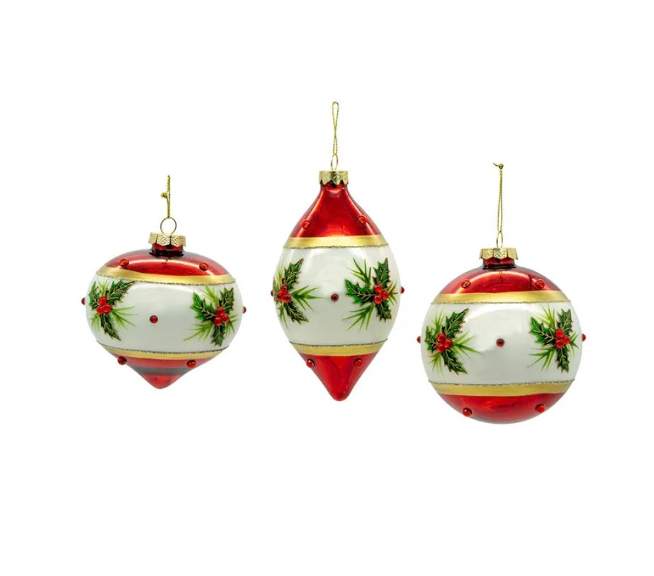 Glass Red & White With Holly, 3 Assorted Ball, Finial and Onion Shaped Ornaments