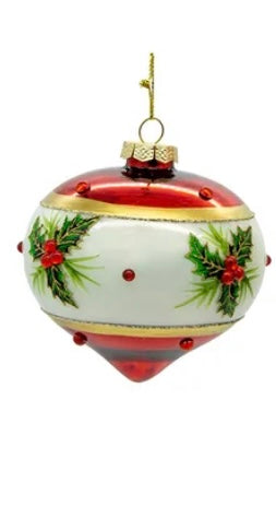 Glass Red & White With Holly, 3 Assorted Ball, Finial and Onion Shaped Ornaments